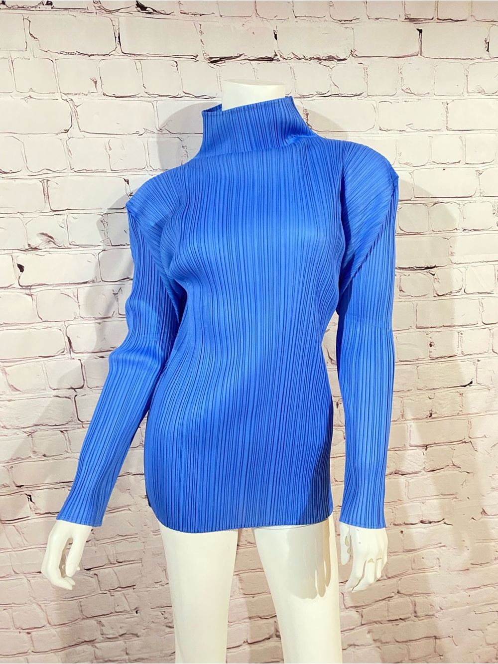 Issey Miyaki PLEATS PLEASE- Mock Neck Long-Sleeve Top in Blue